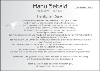 Traueranzeige von Manu Sebald von Pegnitz-Zeitung